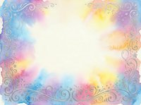 Colorful watercolor frame with ornate swirls and flourishes creating decorative border on white background for greeting cards and invitations.