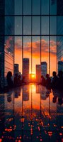 Business professionals silhouetted against dramatic sunset view through modern office windows, with city skyscrapers and orange sky reflecting on glossy floor.