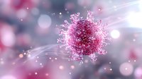 Pink spherical virus cell with protein spikes floating on blurred bokeh background with glowing light rays and particles for medical and scientific visualization.