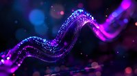 Glowing purple and blue wave of particles flowing through dark space with bokeh light effects, creating magical abstract background for design projects.