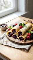 Delicious crepes filled with berry jam served on wooden board with fresh raspberries, blackberries and mint leaves for breakfast or dessert menu.