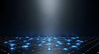 Digital network nodes connected by glowing blue lines on dark grid surface, representing data connectivity, cloud computing, and technology infrastructure for web and business applications.