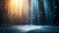 Magical glowing particles floating in dark space with blue and golden light beams shining from above onto sparkling surface, creating mystical atmosphere.
