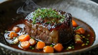 Juicy grilled beef tenderloin steak garnished with fresh microgreens, served in rich brown sauce with glazed baby carrots and herbs on dark plate with steam.