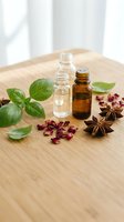Essential oil bottles with fresh basil leaves, dried rose petals and star anise on wooden surface for aromatherapy and natural wellness treatments.
