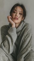 Young Asian woman in cozy gray sweater with tousled hair posing thoughtfully against neutral background for lifestyle and fashion content.