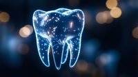 Glowing digital molar tooth with sparkling particles on dark blue background with bokeh lights, representing modern dental care and oral health technology.