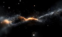 Cosmic nebula with glowing orange and blue energy streams against dark space background, illuminated by distant stars and celestial dust clouds. Dramatic space scene.