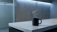 Modern minimalist kitchen interior with black coffee mug on white marble countertop and steam rising in contemporary home design with LED lighting.