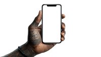 Tattooed male hand holding smartphone with blank white screen mockup isolated on white background for app presentation and digital marketing campaigns.