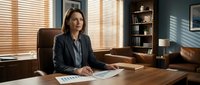 Professional businesswoman sitting at wooden desk in modern office with financial charts and documents, natural lighting from window blinds.