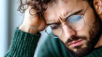 Young bearded man in green sweater and round glasses showing signs of headache and fatigue, holding head with concerned expression in natural light.