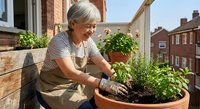Senior woman with gray hair in striped shirt and apron planting herbs in terracotta pot on urban balcony. Gardening hobby and sustainable living concept.