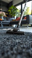 Modern vacuum cleaner head on dark carpet in contemporary living room with natural light and houseplant, low angle perspective showing cleaning action.