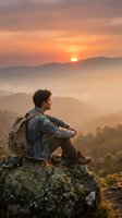 Young man sitting on moss-covered rock overlooking misty mountain valley at sunrise, wearing denim jacket and backpack, contemplating scenic landscape with golden sun and forested hills.