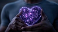Glowing purple heart shape with sparkles and stars held gently between hands against dark background, representing love, magic and cosmic energy.