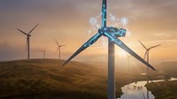 Modern wind turbines generating clean renewable energy at sunset with digital technology icons representing smart grid connectivity and sustainable power solutions.
