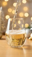 Pouring sparkling wine or champagne into a glass with golden bokeh lights in background, perfect for beverage, celebration, and holiday marketing materials.