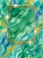 Watercolor abstract background with emerald green, gold, and blue fluid washes featuring ornate gold frame border with decorative corners and sparkle accents for luxury design projects.