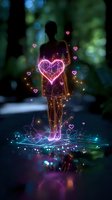 Silhouette of woman with glowing neon heart and geometric light effects against dark forest background, magical fantasy concept with sparkles and pink-blue illumination.