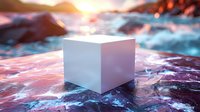 Glowing white cube on abstract cosmic surface with dramatic sunset lighting and mystical atmosphere creates surreal minimalist composition.