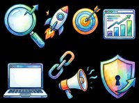 Magnifying glass with growth arrow, rocket ship, target with bullseye, analytics dashboard with bar charts, laptop computer, chain link symbol, megaphone speaker, and security shield with keyhole isolated on transparent background. Ready for t-shirt design, clipart, stickers, print-on-demand, and sublimation projects.