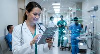 Female doctor using digital tablet with futuristic medical network interface in modern hospital corridor with healthcare technology overlay.