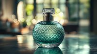 Elegant turquoise glass perfume bottle with diamond pattern texture on reflective surface against soft bokeh background, luxury cosmetic product photography.