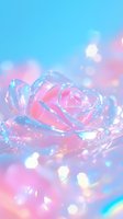 Dreamy crystal rose in pastel pink and blue with ethereal bokeh lights creating magical atmosphere for fantasy designs.