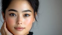 Young Asian woman with natural makeup and glowing skin against neutral background, displaying gentle smile and serene expression. Professional beauty portrait.