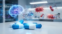 Medical capsules with digital brain and molecular structures showing pharmaceutical research and drug development in modern laboratory setting.