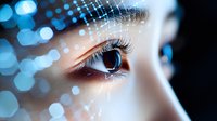 Close-up of human eye with digital grid overlay and blue bokeh lights representing artificial intelligence, machine learning and futuristic technology concepts.
