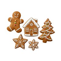 Gingerbread man, house, tree, and snowflake cookies with white icing details isolated on white background, ready for holiday designs, greeting cards, and seasonal marketing materials.
