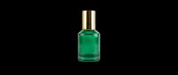 Green glass perfume bottle with gold atomizer spray top, isolated on transparent background. Ready for design use on product packaging, cosmetics marketing, beauty graphics, sublimation, and print-on-demand applications.