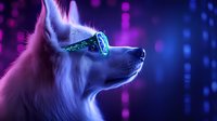 Futuristic white wolf wearing neon glowing cyberpunk glasses against purple and blue bokeh background, side view profile showcasing digital art style and sci-fi atmosphere.