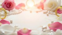 Romantic wedding background with pink and white roses, pearl jewelry, golden rings and scattered petals on soft pastel surface for bridal design.