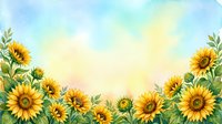 Watercolor sunflower field border with pastel sky background, bright yellow blooms and green leaves framing copy space for cards and banners.