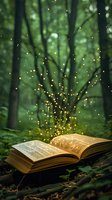 Open book with glowing golden particles floating above pages in enchanted forest setting with magical light effects and mystical atmosphere.