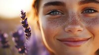 Young woman with freckles smiling warmly at sunset, purple lavender flowers in soft focus foreground, golden sunlight creating dreamy atmosphere and natural beauty portrait.