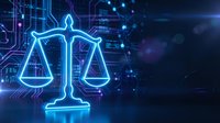 Digital justice scales glowing in neon blue light against futuristic technology background with circuit patterns and data streams for legal tech concepts.