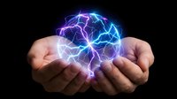 Hands holding glowing electric energy sphere with blue and purple lightning bolts on black background, representing power, innovation, and technology concepts.