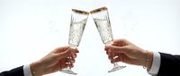 Two hands clinking crystal champagne flutes with golden rims against a white background, sparkling wine splashing, celebrating a festive toast.