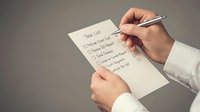 Hand writing checklist on paper with pen, business planning and task management for productivity and organization goals.