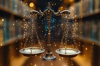 Ornate bronze scales of justice with magical glowing sparkles against blurred law library background, symbolizing legal wisdom and fairness in jurisprudence.