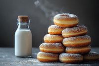 Fresh homemade sugar-dusted donuts stacked in rustic setting with bottle of milk and rising steam, dark moody background creates appetizing contrast.