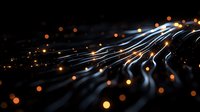 Glowing blue light trails and orange bokeh effects create dynamic movement against dark background, abstract technology concept for digital transformation.