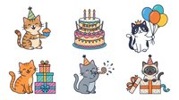 Cute cats celebrating birthday party with cake, balloons, and gifts, isolated on white background. Cartoon clipart collection suitable for greeting cards, invitations, t-shirt designs, and children's illustrations.