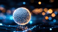 Golf ball with glowing blue and orange bokeh lights creating magical sports atmosphere for tournament advertising and recreational activity promotion.