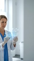 Female doctor in white coat using futuristic holographic tablet interface for medical data analysis and digital healthcare technology applications.