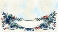 Watercolor floral banner with blue and pink flowers, green leaves, and decorative swirls on a soft pastel background, perfect for wedding or greeting cards.